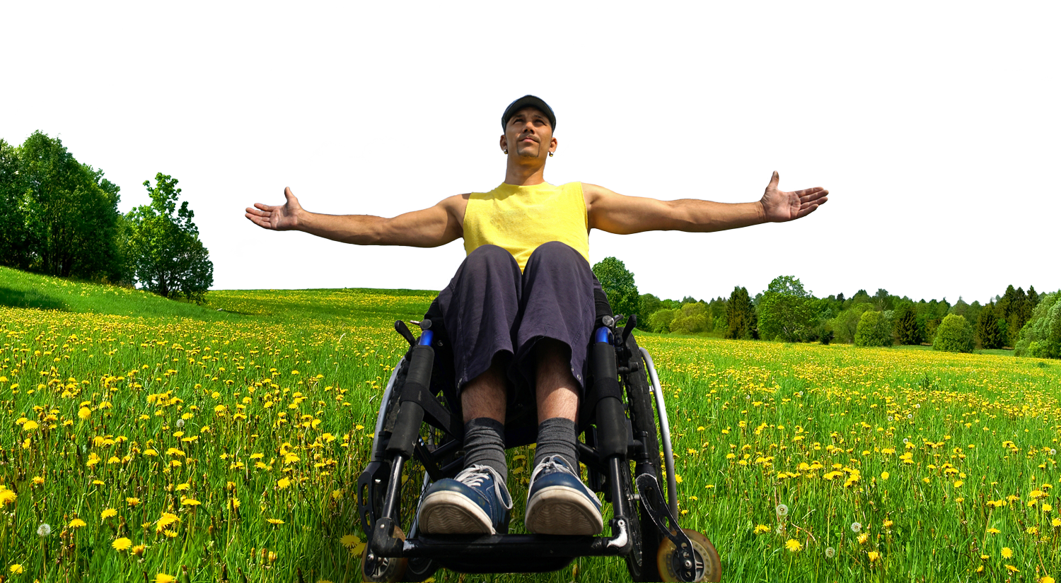 Mann im Rollstuhl breitet die Arme aus auf einer Wiese